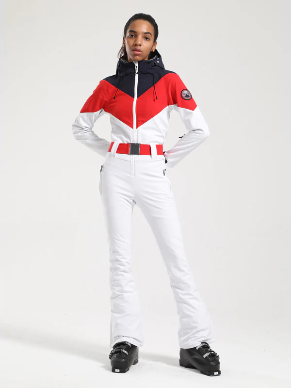 Women's Gsou Snow Retro Belted Color-Blocked Flare One Piece Ski Suit - Image 10