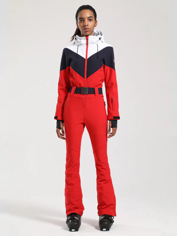 Women's Gsou Snow Retro Belted Color-Blocked Flare One Piece Ski Suit - Image 12