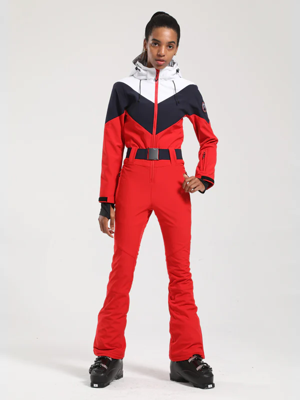 Women's Gsou Snow Retro Belted Color-Blocked Flare One Piece Ski Suit - Image 13