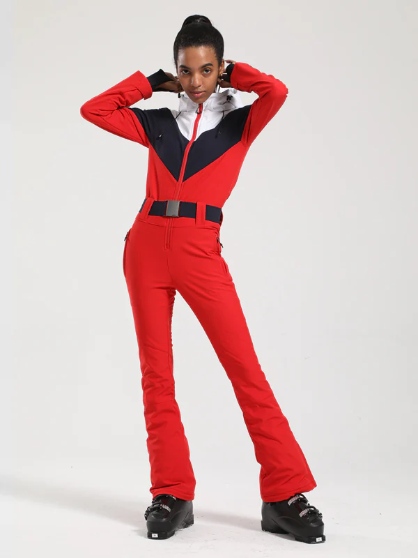 Women's Gsou Snow Retro Belted Color-Blocked Flare One Piece Ski Suit - Image 14