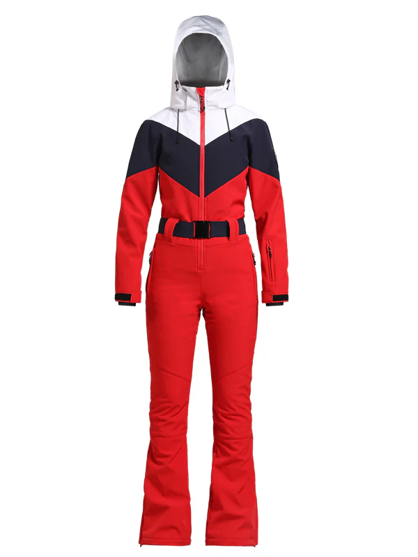 Women's Gsou Snow Retro Belted Color-Blocked Flare One Piece Ski Suit - Image 15