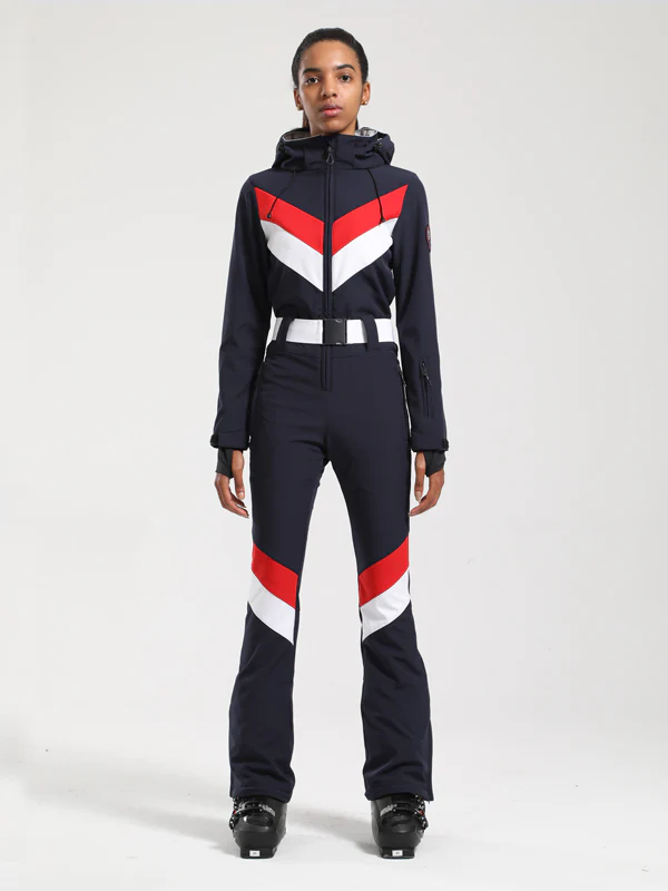 Women's Gsou Snow Retro Belted V Striped Flare One Piece Ski Suit - Image 10