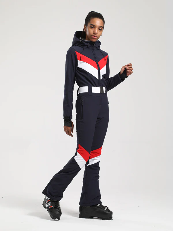Women's Gsou Snow Retro Belted V Striped Flare One Piece Ski Suit - Image 11