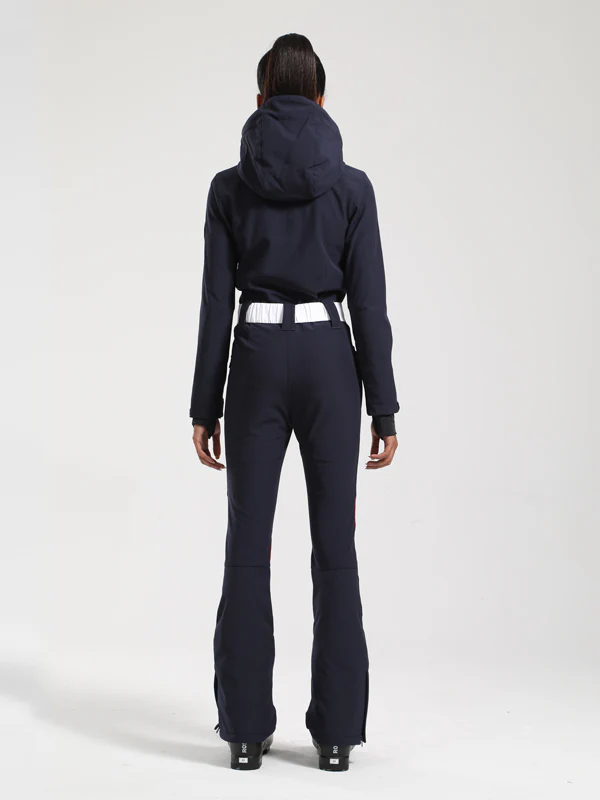 Women's Gsou Snow Retro Belted V Striped Flare One Piece Ski Suit - Image 12