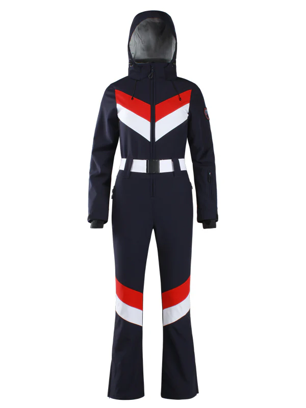 Women's Gsou Snow Retro Belted V Striped Flare One Piece Ski Suit - Image 13