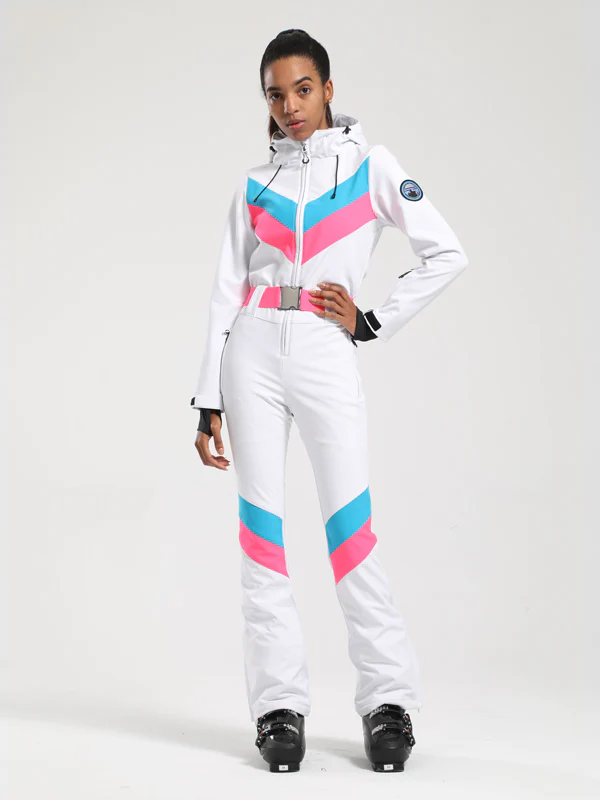 Women's Gsou Snow Retro Belted V Striped Flare One Piece Ski Suit - Image 14