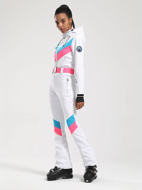 Women's Gsou Snow Retro Belted V Striped Flare One Piece Ski Suit - Image 16