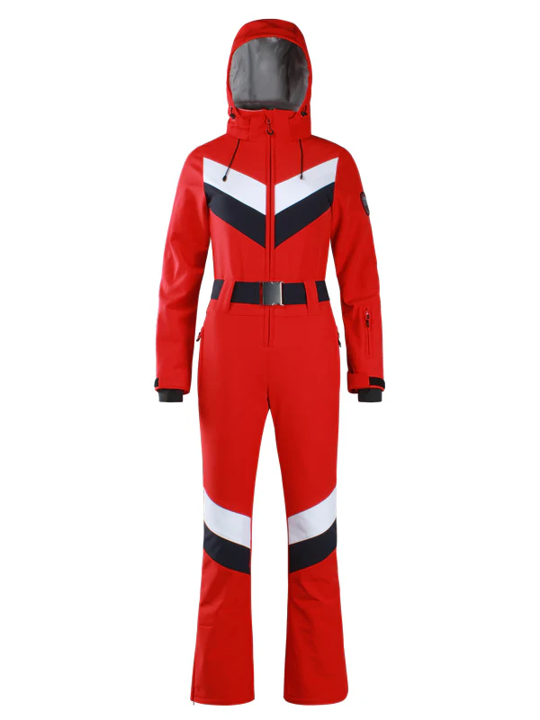 Women's Gsou Snow Retro Belted V Striped Flare One Piece Ski Suit - Image 4