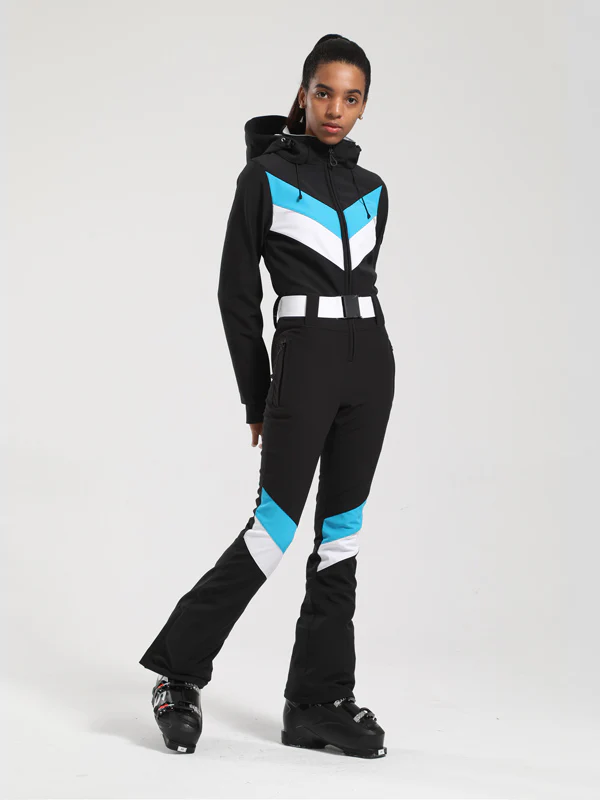 Women's Gsou Snow Retro Belted V Striped Flare One Piece Ski Suit - Image 5