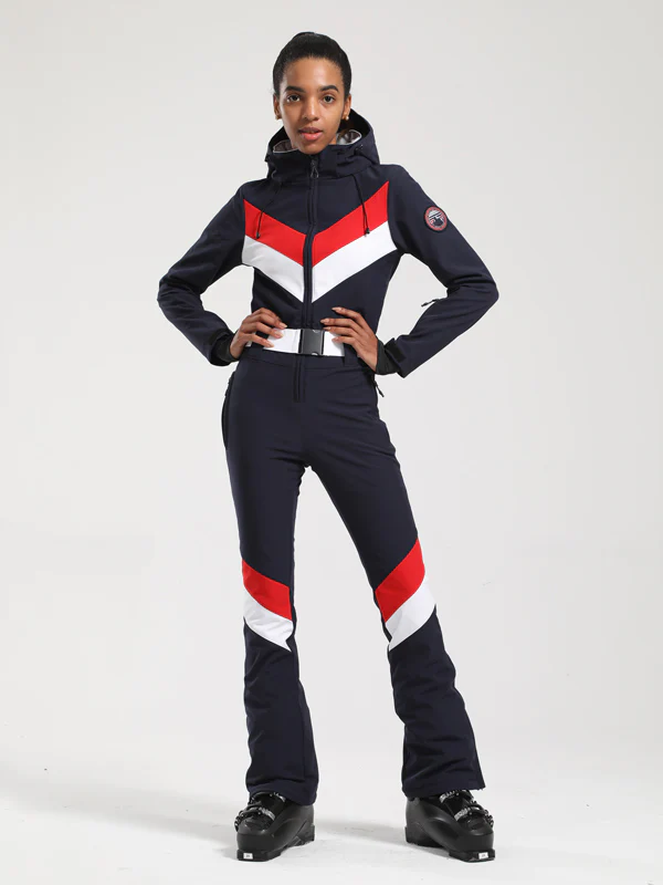 Women's Gsou Snow Retro Belted V Striped Flare One Piece Ski Suit - Image 9