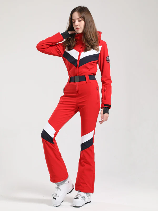 Women's Gsou Snow Retro Belted V Striped Flare Ski Suit - Image 5