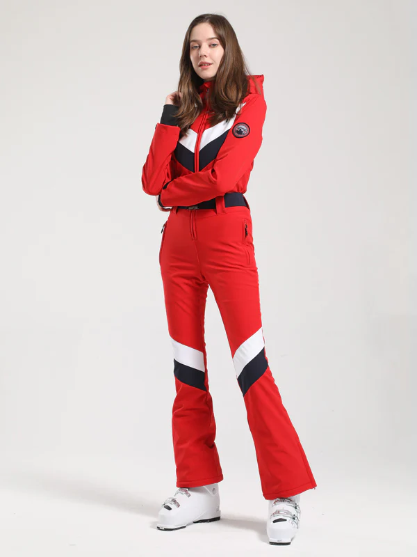 Women's Gsou Snow Retro Belted V Striped Flare Ski Suit - Image 7