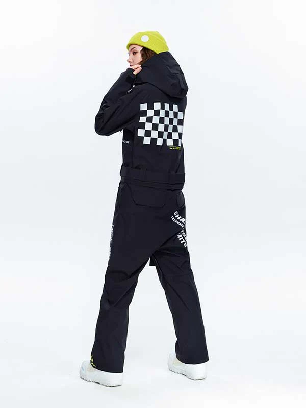 Women's High Experience Checkerboard Sleeve Urban Style One Piece Snowboard Suits - Image 11